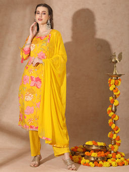FASHOR - Women Yellow Printed Kurta with Pant and Dupatta (Set of 3)