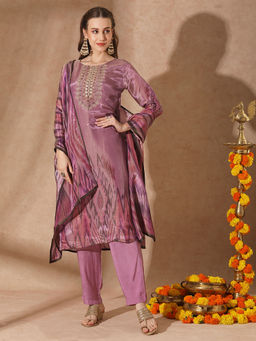 FASHOR - Women Purple Embroidered Kurta with Pant and Dupatta (Set of 3)