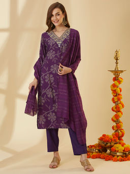 FASHOR - Women Purple Embroidered Kurta with Pant and Dupatta (Set of 3)