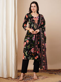 FASHOR - Women Black Printed Kurta with Pant and Dupatta (Set of 3)