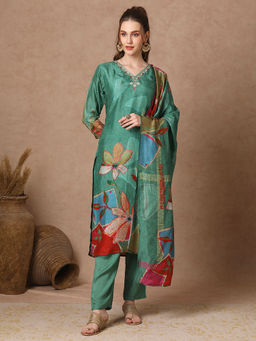 FASHOR - Women Green Printed Kurta with Pant and Dupatta (Set of 3)