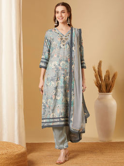 FASHOR - Women Grey Embroidered Kurta with Pant and Dupatta (Set of 3)