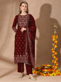 FASHOR - Women Maroon Embroidered Kurta with Pant and Dupatta (Set of 3)
