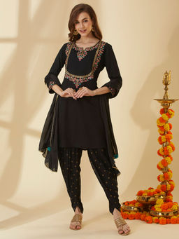 FASHOR - Women Black Embroidered Kurta with Dhoti and Dupatta (Set of 3)