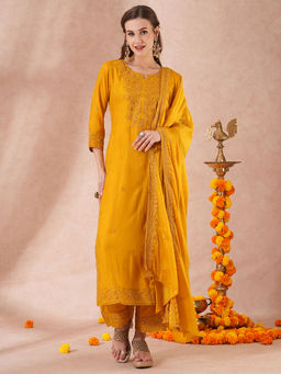 FASHOR - Women Mustard Embellished Kurta with Pant and Dupatta (Set of 3)