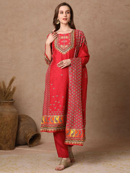 FASHOR - Women Pink Printed Kurta with Pant and Dupatta (Set of 3)