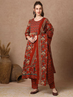 FASHOR - Women Red Printed Anarkali Kurta with Pant and Dupatta (Set of 3)