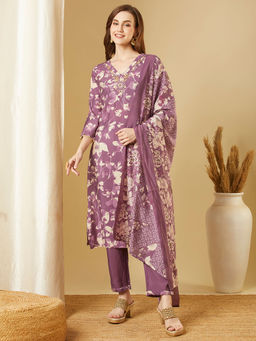 FASHOR - Women Purple Embroidered Kurta with Pant and Dupatta (Set of 3)