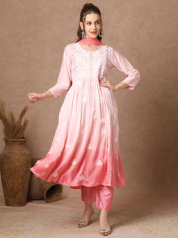 FASHOR - Women Pink Ombre Kurta with Pant and Dupatta (Set of 3)