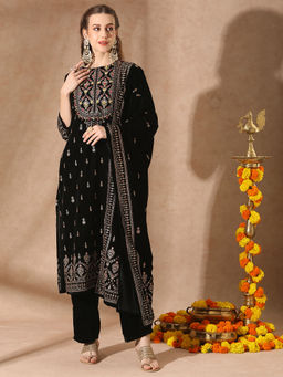 FASHOR - Women Black Embroidered Kurta with Pant and Dupatta (Set of 3)