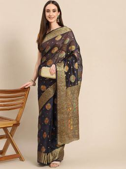 Odette - Dark Blue Woven Organza Saree with Unstitched Blouse