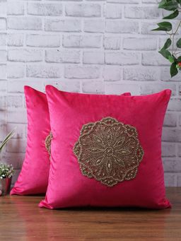 Eyda - Velvet Fuchsia Color Beaded Cushion Cover Set Of 2-18X18 Inch