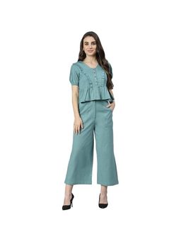 Deebaco - Women Blue Cotton Solid Co-Ord Set