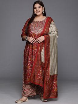 Extra love by Libas - Plus Size Women Red Silk Blend Embroidered Kurta with Palazzo and Dupatta