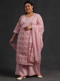 Extra love by Libas - Women Pink Cotton Embroidered Kurta with Palazzo and Dupatta