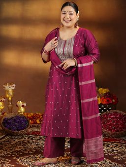 Extra love by Libas - Women Pink Silk Blend Embroidered Kurta with Pant and Dupatta