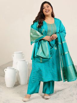 Extra love by Libas - Plus Size Women Teal Silk Blend Embroidered Kurta with Pant and Dupatta
