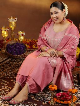 Extra love by Libas - Women Peach Silk Blend Embroidered Kurta with Salwar and Dupatta