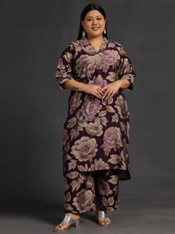 Extra love by Libas - Women Purple Silk Blend Floral Kurta with Pant