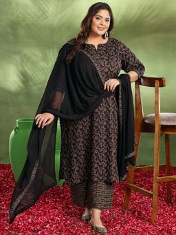 Extra love by Libas - Women Black Cotton Floral Kurta with Palazzo and Dupatta