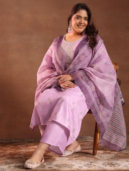 Extra love by Libas - Women Lavender Silk Blend Embroidered Kurta with Palazzo and Dupatta
