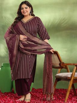 Extra love by Libas - Plus Size Women Maroon Cotton Blend Stripes Kurta with Salwar and Dupatta