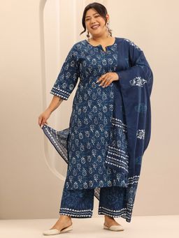 Extra love by Libas - Plus Size Women Blue Cotton Floral Kurta with Palazzo and Dupatta