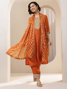 Extra love by Libas - Women Rust Silk Blend Embroidered Kurta with Salwar and Dupatta