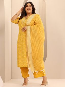 Extra love by Libas - Women Yellow Cotton Blend Floral Kurta with Pant and Dupatta
