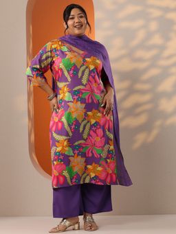 Extra love by Libas - Women Purple Chinon Floral Kurta with Pant and Dupatta