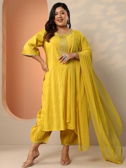 Extra love by Libas - Women Yellow Silk Blend Embellished Kurta with Salwar and Dupatta