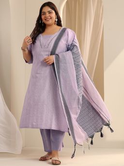 Extra love by Libas - Women Lavender Cotton Blend Stripes Kurta with Pant and Dupatta