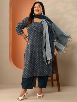 Extra love by Libas - Women Teal Cotton Blend Woven Kurta with Salwar and Dupatta