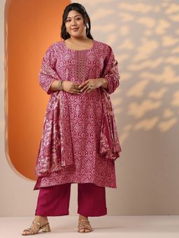 Extra love by Libas - Women Pink Silk Blend Floral Kurta with Pant and Dupatta