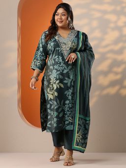Extra love by Libas - Women Green Silk Blend Floral Kurta with Pant and Dupatta