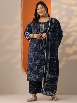 Extra love by Libas - Women Navy Blue Silk Blend Floral Kurta with Pant and Dupatta