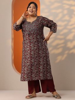 Extra love by Libas - Women Maroon Silk Blend Floral Kurta with Pant