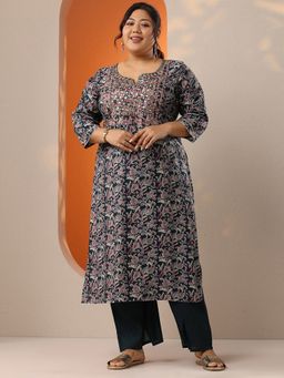 Extra love by Libas - Women Navy Blue Silk Blend Floral Kurta with Pant