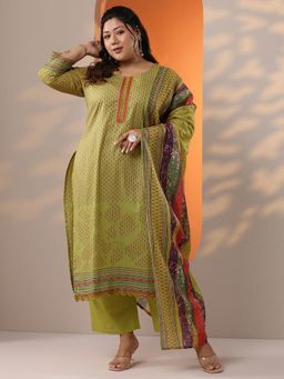 Extra love by Libas - Women Green Silk Blend Floral Kurta with Pant and Dupatta