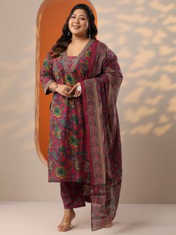 Extra love by Libas - Women Maroon Chinon Floral Kurta with Pant and Dupatta