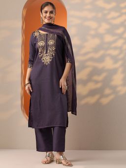 Extra love by Libas - Women Navy Blue Silk Blend Embroidered Kurta with Pant and Dupatta