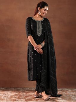 Extra love by Libas - Plus Size Women Black Silk Blend Embroidered Kurta with Pant and Dupatta