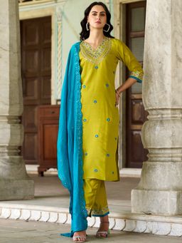 Lush Glam - Women Yellow Viscose Embellished Kurta with Pant and Dupatta