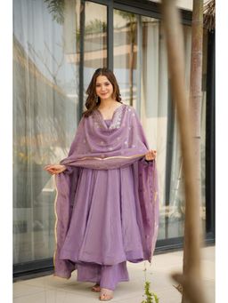 Lush Glam - Women Purple Chinon Embellished Anarkali Kurta with Pant and Dupatta