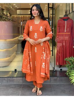 Lush Glam - Women Orange Cotton Embellished Kurta with Pant and Dupatta