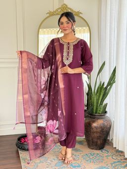 Lush Glam - Women Purple Rayon Embroidered Kurta with Pant and Dupatta