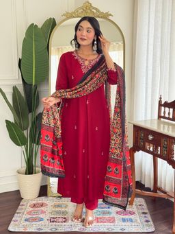 Lush Glam - Women Red Viscose Embroidered Kurta with Pant and Dupatta