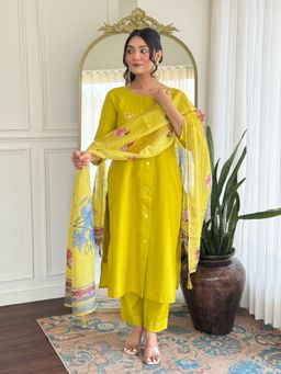 Lush Glam - Women Yellow Silk Embroidered Kurta with Pant and Dupatta