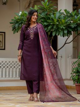 Lush Glam - Women Purple Cotton Embroidered Kurta with Pant and Dupatta