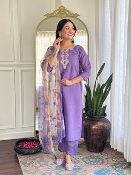 Lush Glam - Women Purple Rayon Embroidered Kurta with Pant and Dupatta